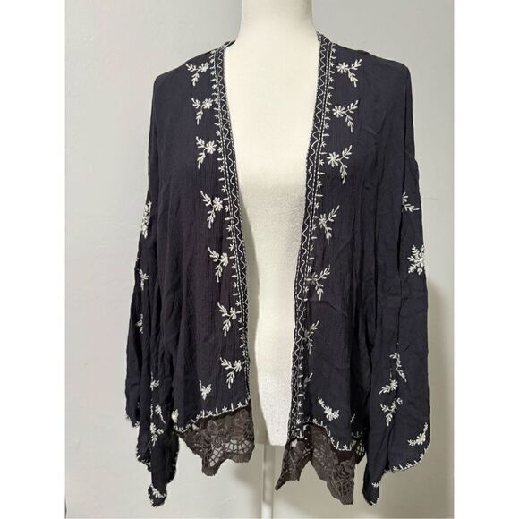 Free People Embroidered kimono cardigan in washed black gray xs - Picture 2 of 9